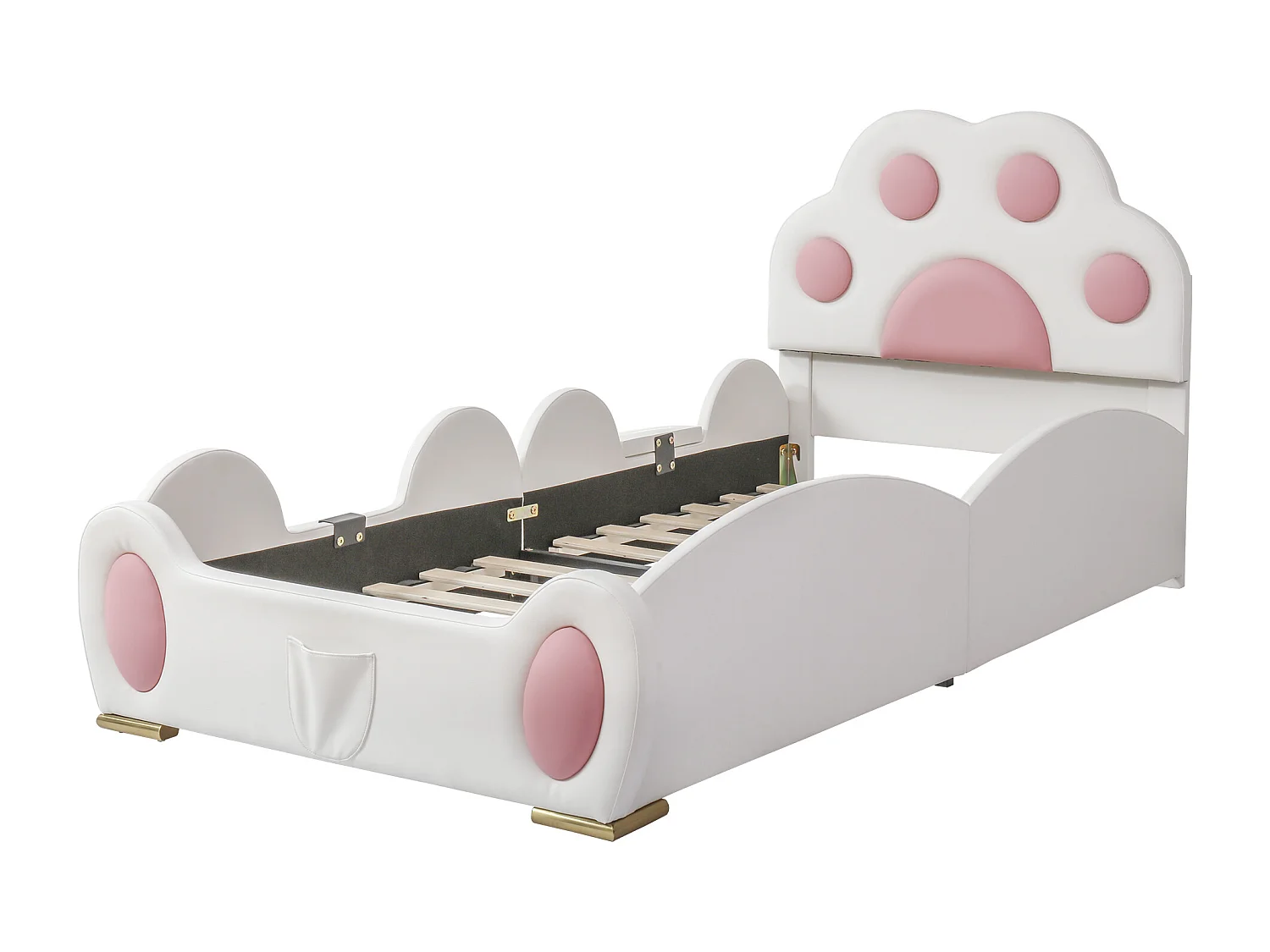 Kinderbett 90 x 200 cm - Einzelbett mit Rutsche und zweistufiger Leiter - Katzenpfoten-Kopfteil - Beiges PU - ohne Matratze