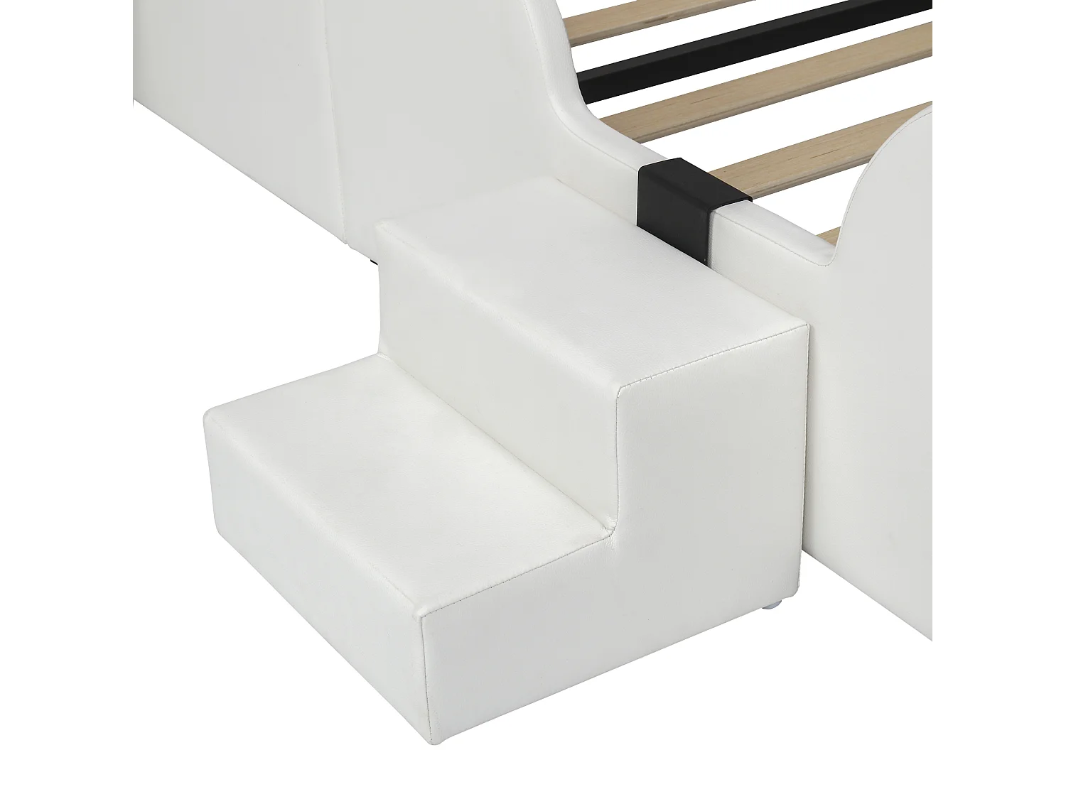 Kinderbett 90 x 200 cm - Einzelbett mit Rutsche und zweistufiger Leiter - Katzenpfoten-Kopfteil - Beiges PU - ohne Matratze