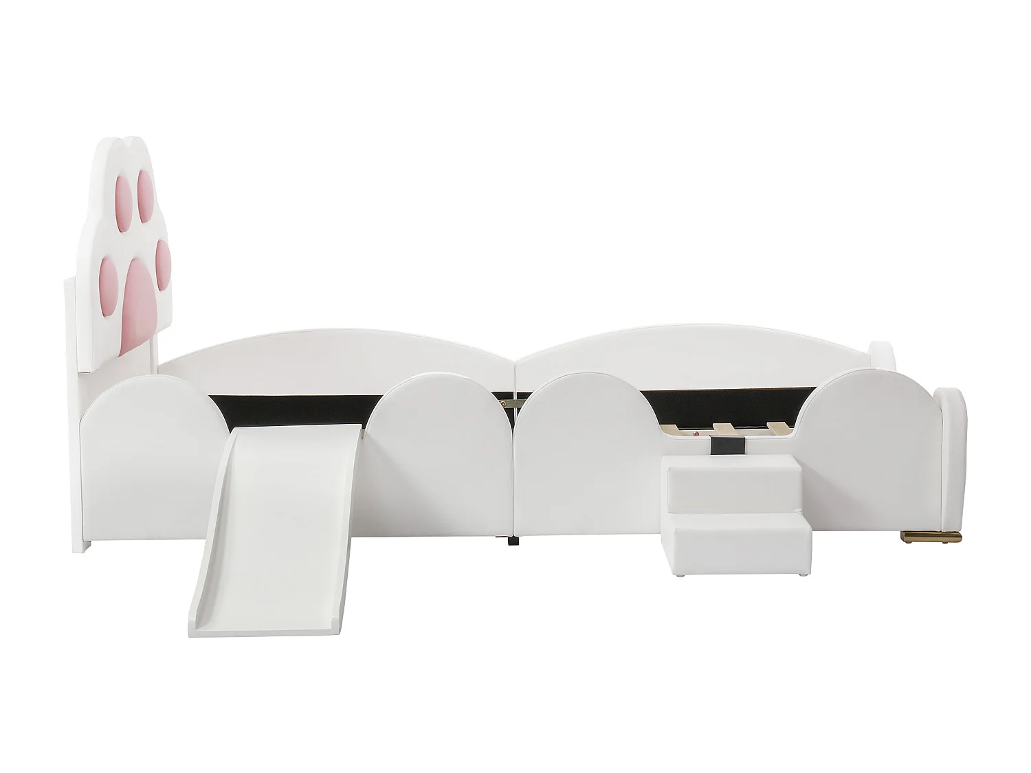 Kinderbett 90 x 200 cm - Einzelbett mit Rutsche und zweistufiger Leiter - Katzenpfoten-Kopfteil - Beiges PU - ohne Matratze