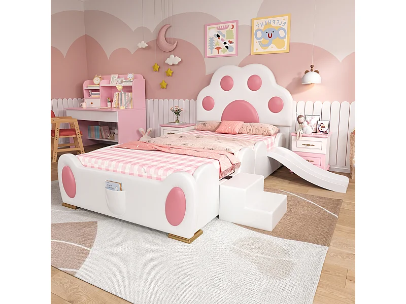 Kinderbett 90 x 200 cm - Einzelbett mit Rutsche und zweistufiger Leiter - Katzenpfoten-Kopfteil - Beiges PU - ohne Matratze