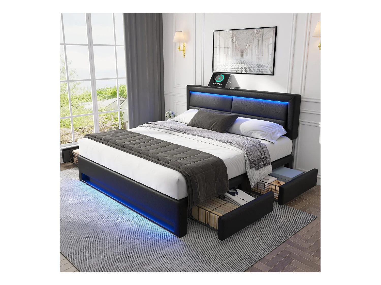 Lit adulte 160 x 200 cm - Lit double avec éclairage LED et quatre tiroirs - PU noir - sans matelas