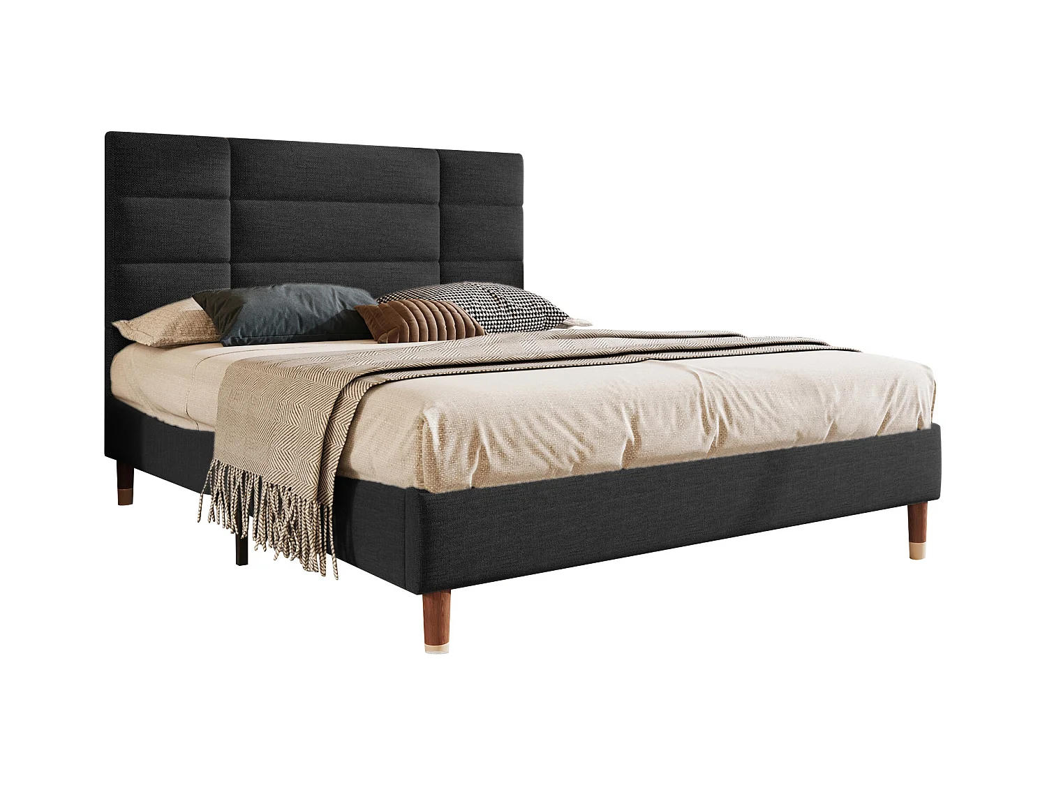 Cama de adulto 140 x 200 cm - Cama de casal com encosto estofado - Linho preto - sem colchão