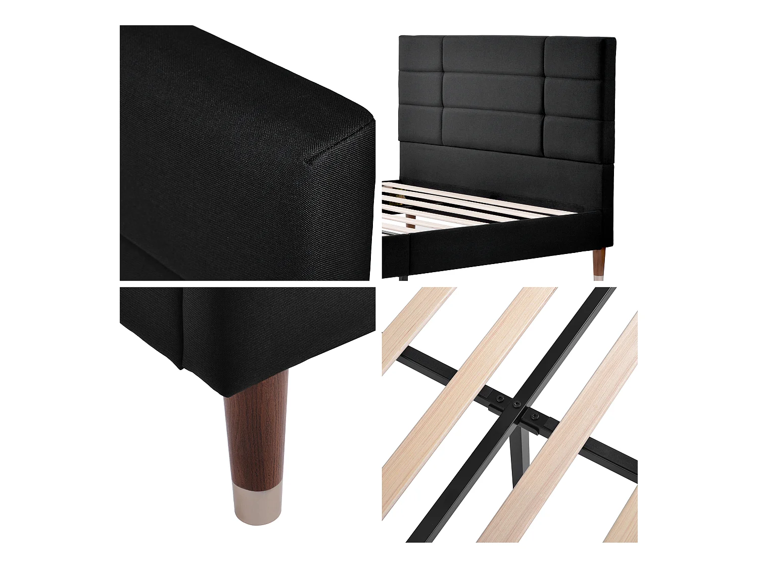 Cama de adulto 140 x 200 cm - Cama de casal com encosto estofado - Linho preto - sem colchão