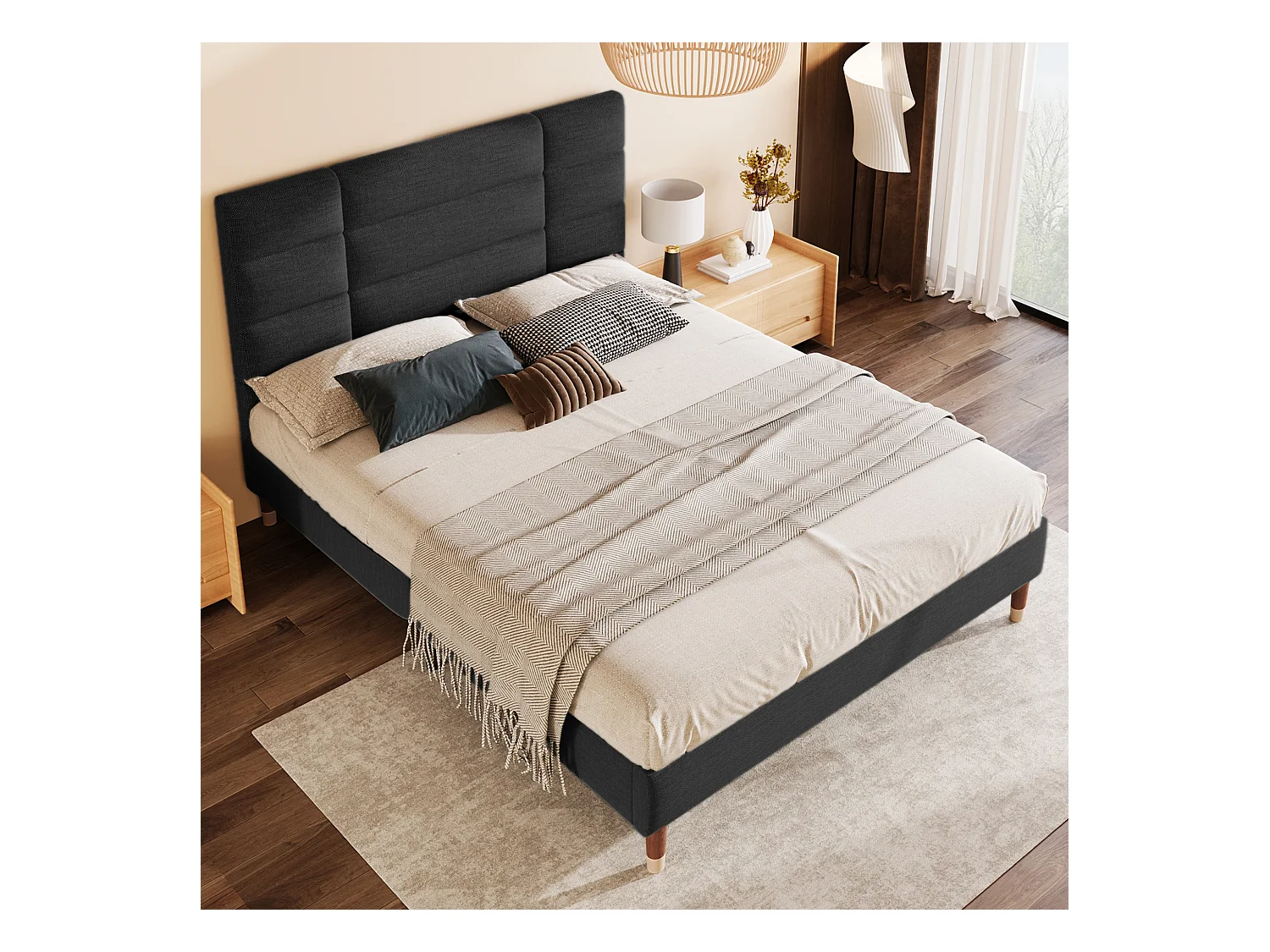 Lit adulte 140 x 200 cm - Lit double avec dossier rembourré - lin noir - sans matelas