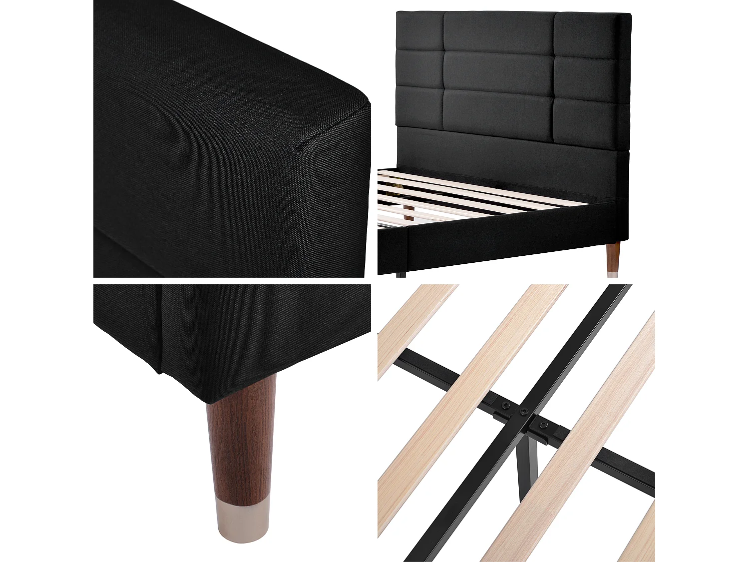 Lit adulte 140 x 200 cm - Lit double avec dossier rembourré - lin noir - sans matelas