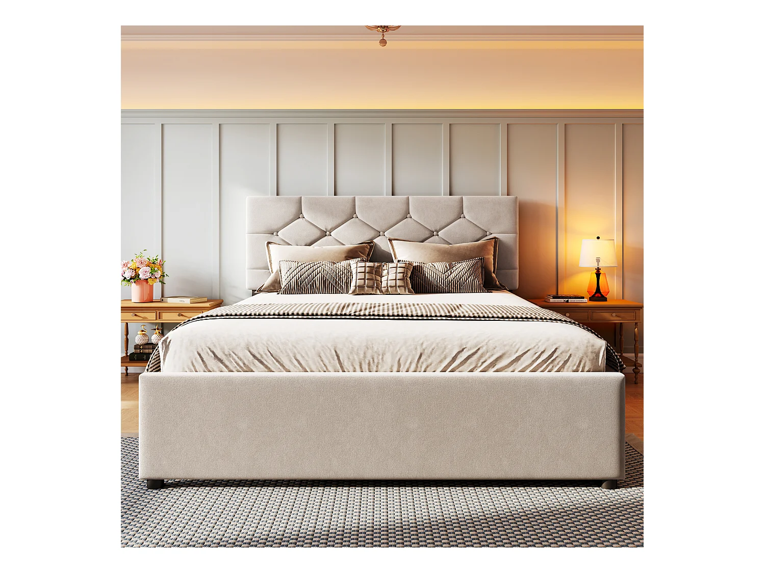 Lit gigogne 140 x 200 cm - Lit enfant avec lit gigogne et sommier à lattes - velours beige - sans matelas