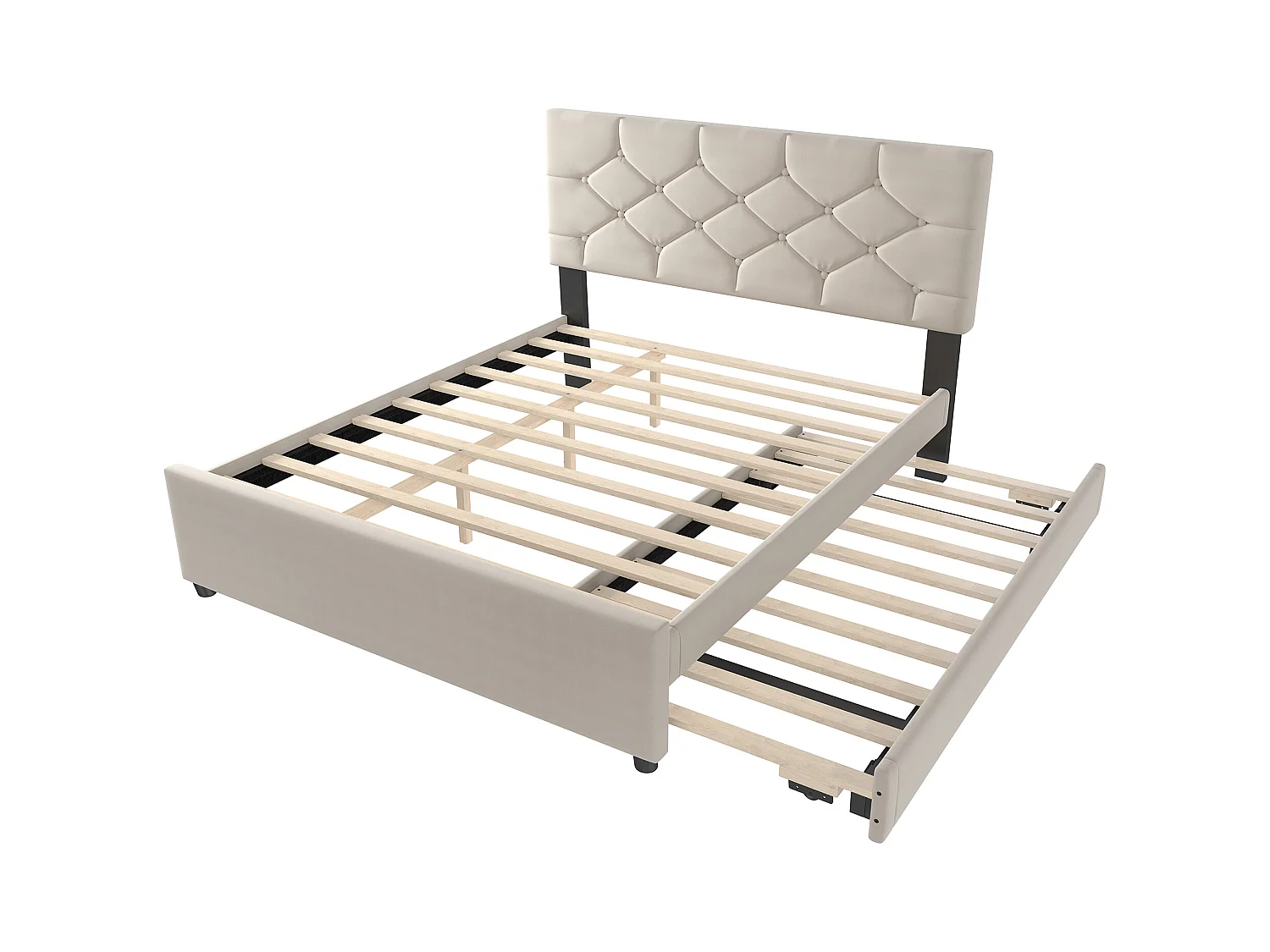 Lit gigogne 140 x 200 cm - Lit enfant avec lit gigogne et sommier à lattes - velours beige - sans matelas