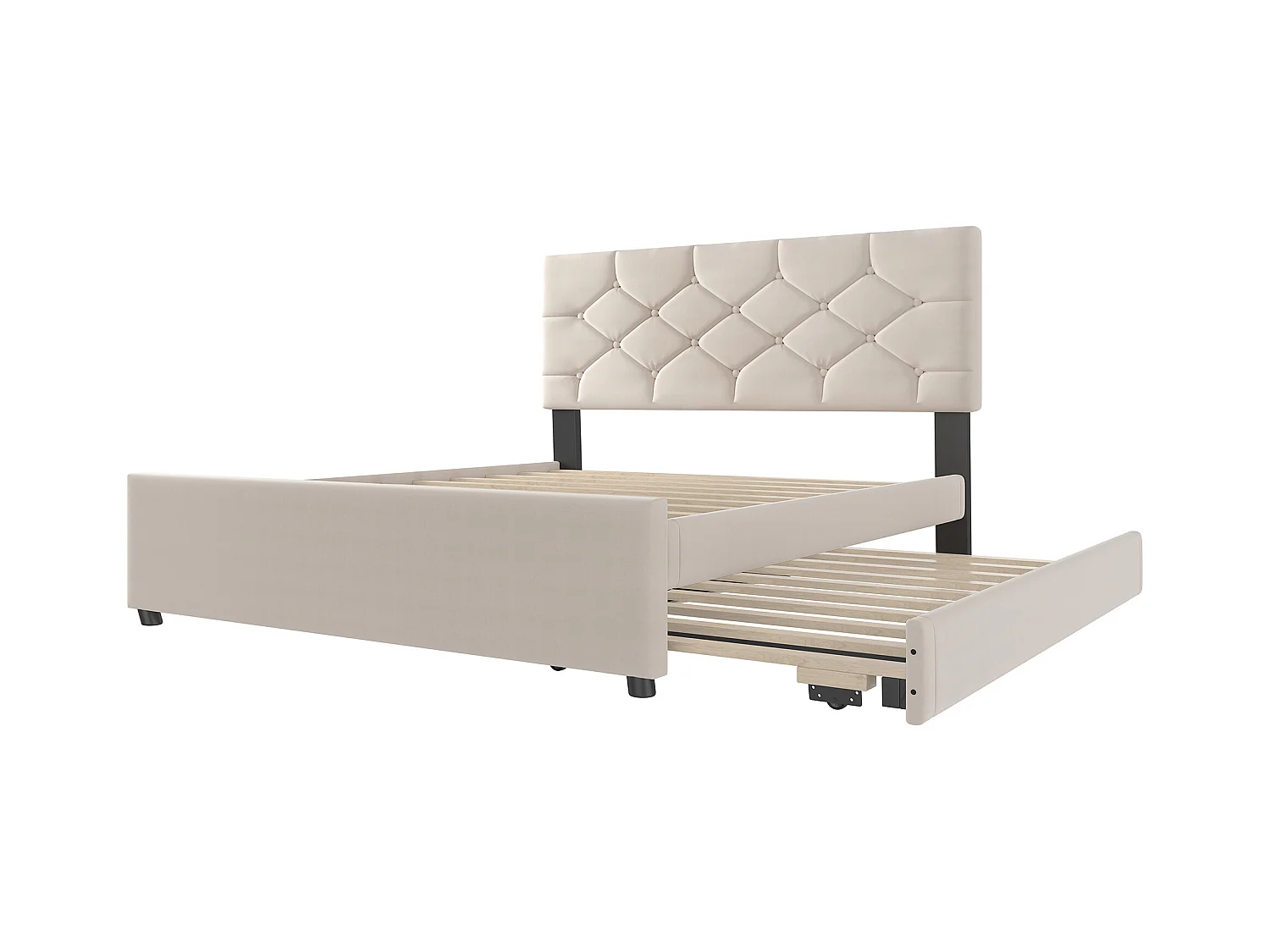 Lit gigogne 140 x 200 cm - Lit enfant avec lit gigogne et sommier à lattes - velours beige - sans matelas
