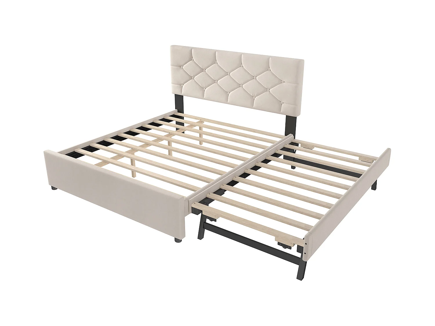 Lit gigogne 140 x 200 cm - Lit enfant avec lit gigogne et sommier à lattes - velours beige - sans matelas