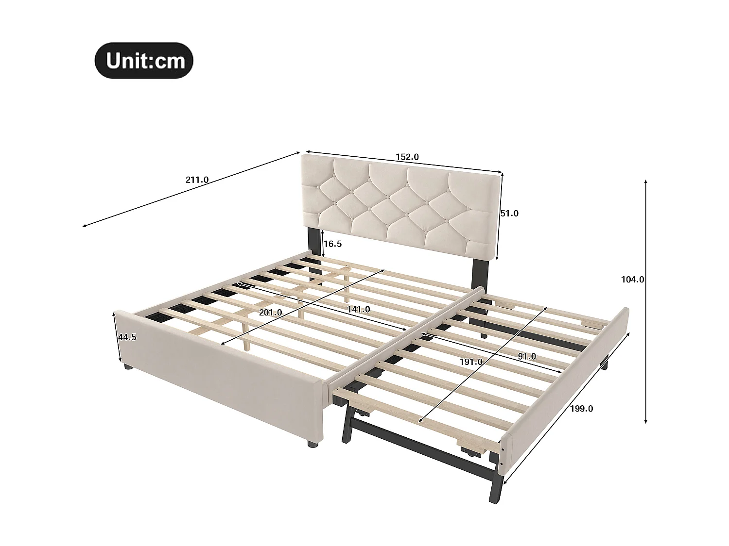 Lit gigogne 140 x 200 cm - Lit enfant avec lit gigogne et sommier à lattes - velours beige - sans matelas