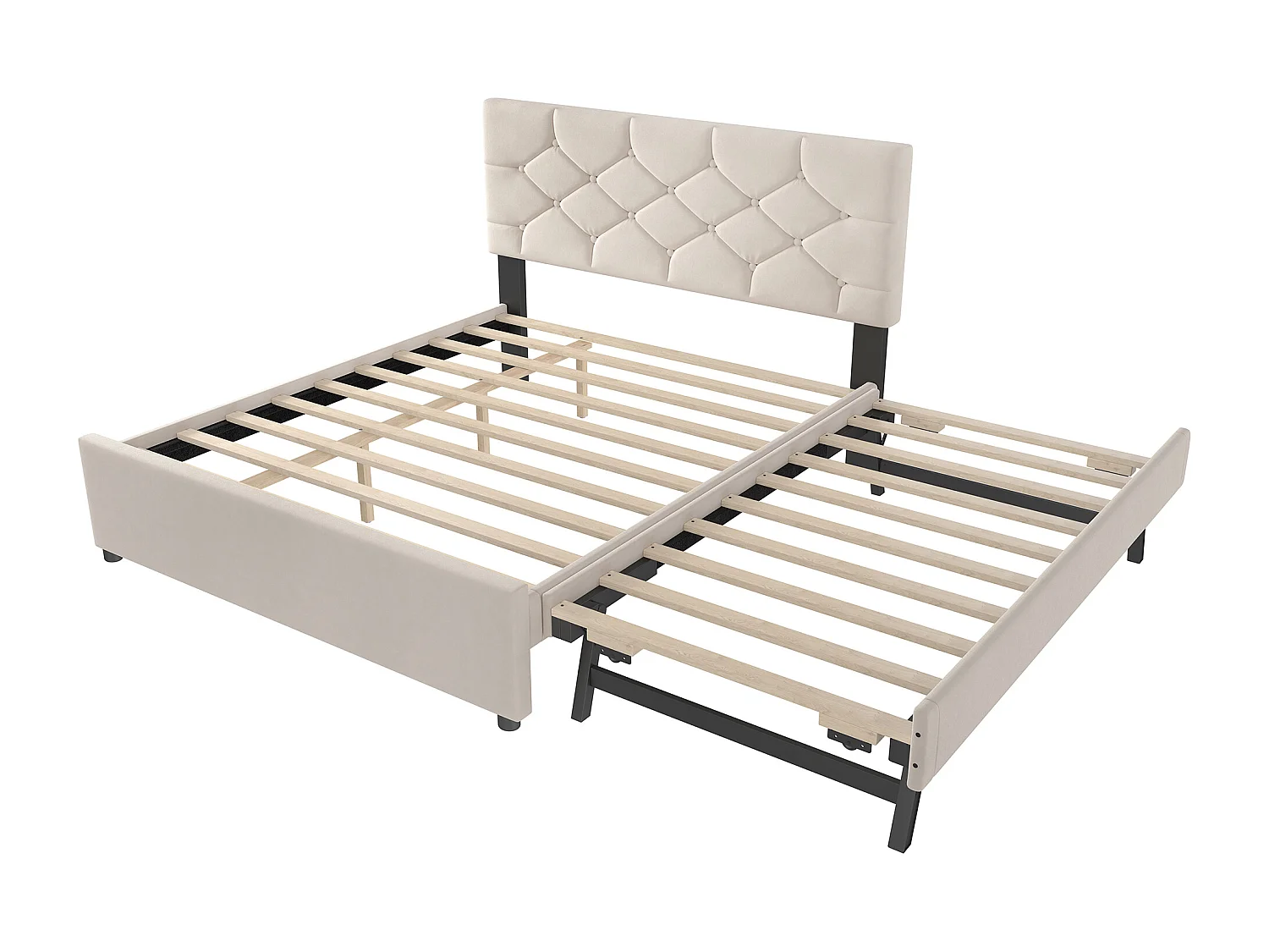 Lit gigogne 140 x 200 cm - Lit enfant avec lit gigogne et sommier à lattes - velours beige - sans matelas