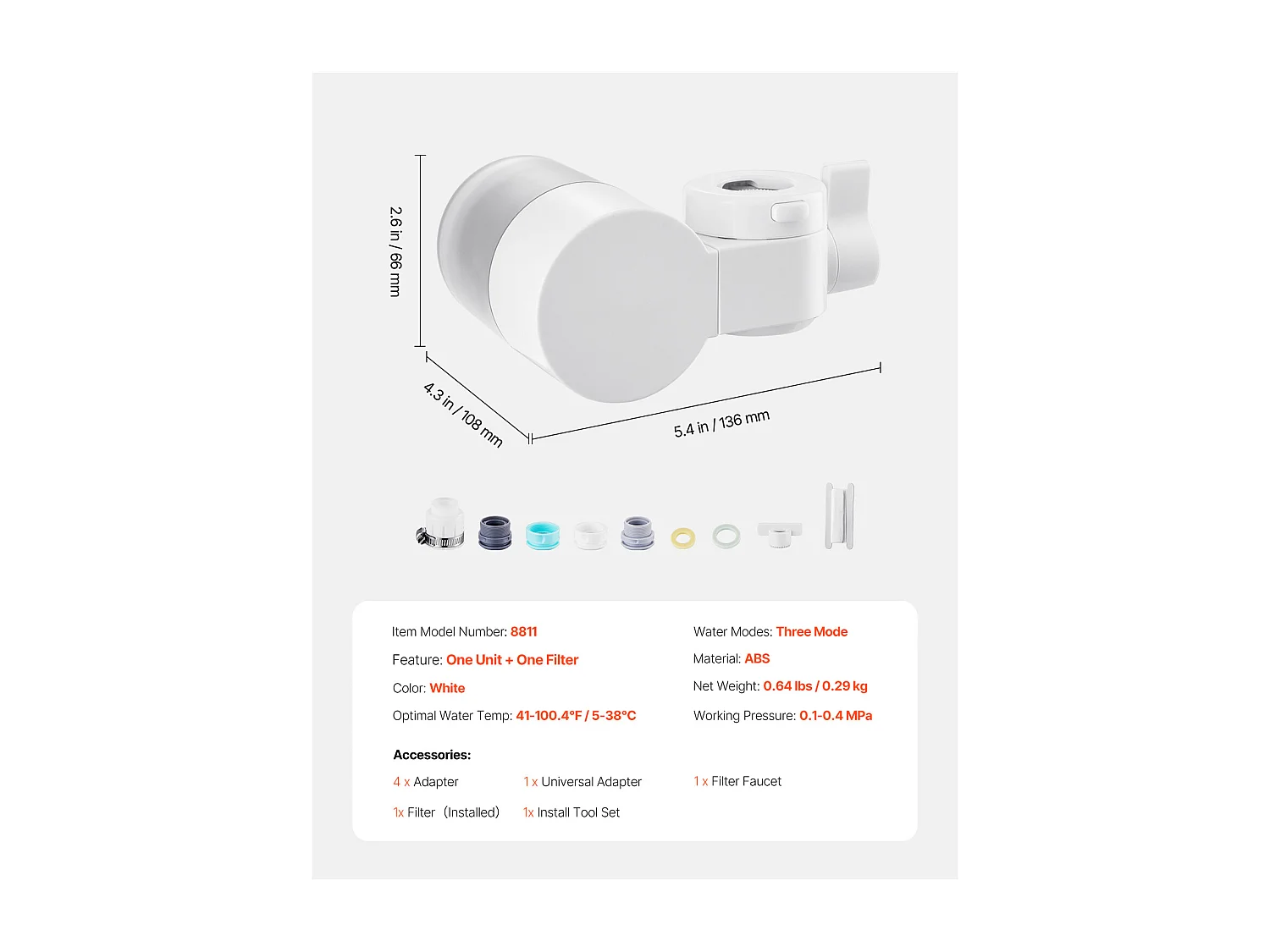 Filtre à Eau pour Robinet SucceBuy, en Fibre de Carbone Certifié NSF, Purificateur d'Eau Horizontal pour Robinet d'Évier avec un Seul Filtre, pour Cuisine, Blanc
