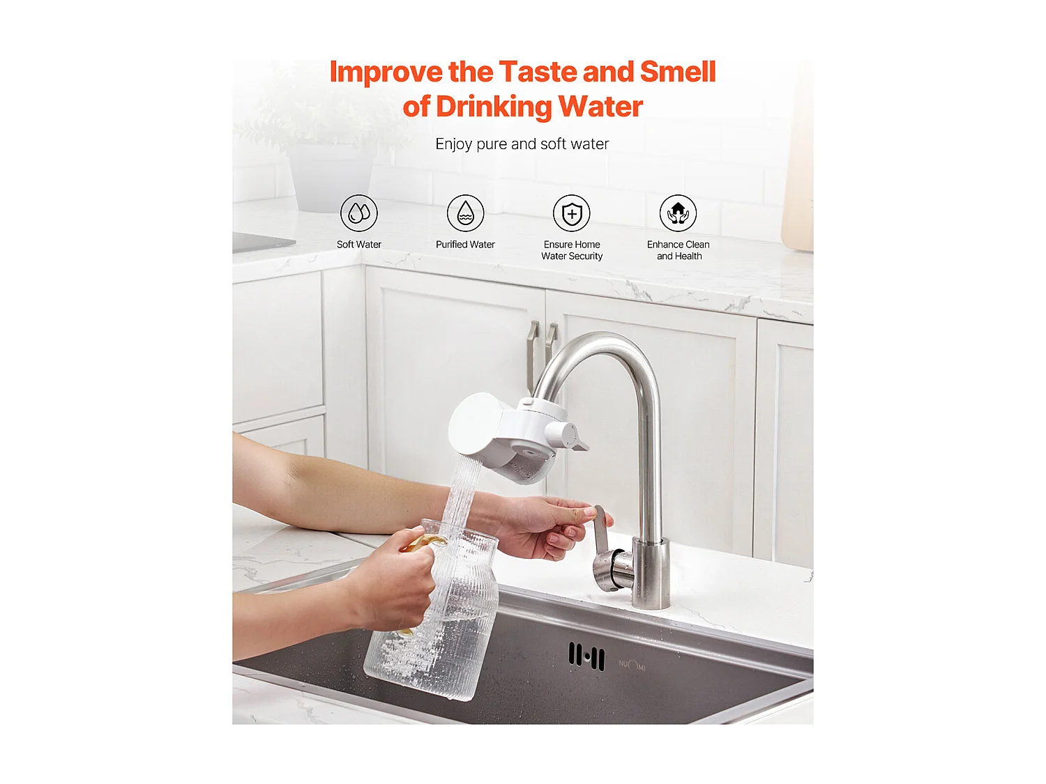 Filtre à Eau pour Robinet SucceBuy, en Fibre de Carbone Certifié NSF, Purificateur d'Eau Horizontal pour Robinet d'Évier avec un Seul Filtre, pour Cuisine, Blanc