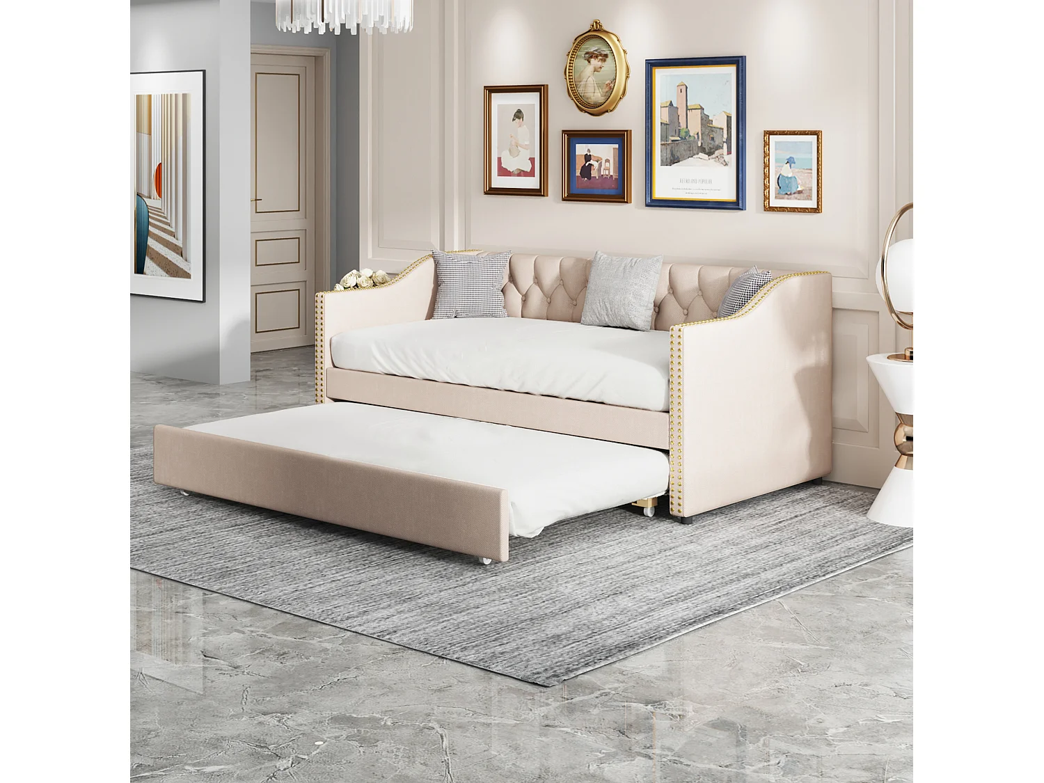 Uitschuifbed 90 x 200 cm - Kinderbed met rugleuning en armleuningen - beige linnen - zonder matras