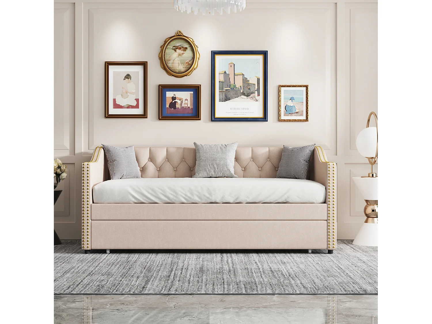 Uitschuifbed 90 x 200 cm - Kinderbed met rugleuning en armleuningen - beige linnen - zonder matras