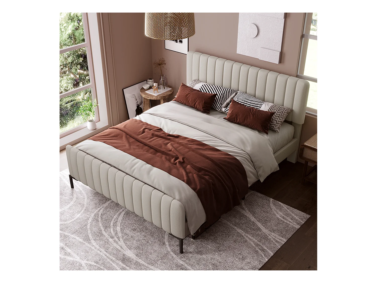 Lit adulte 160 x 200 cm - Lit double avec tête et pied de lit réglables - lin gris beige - sans matelas