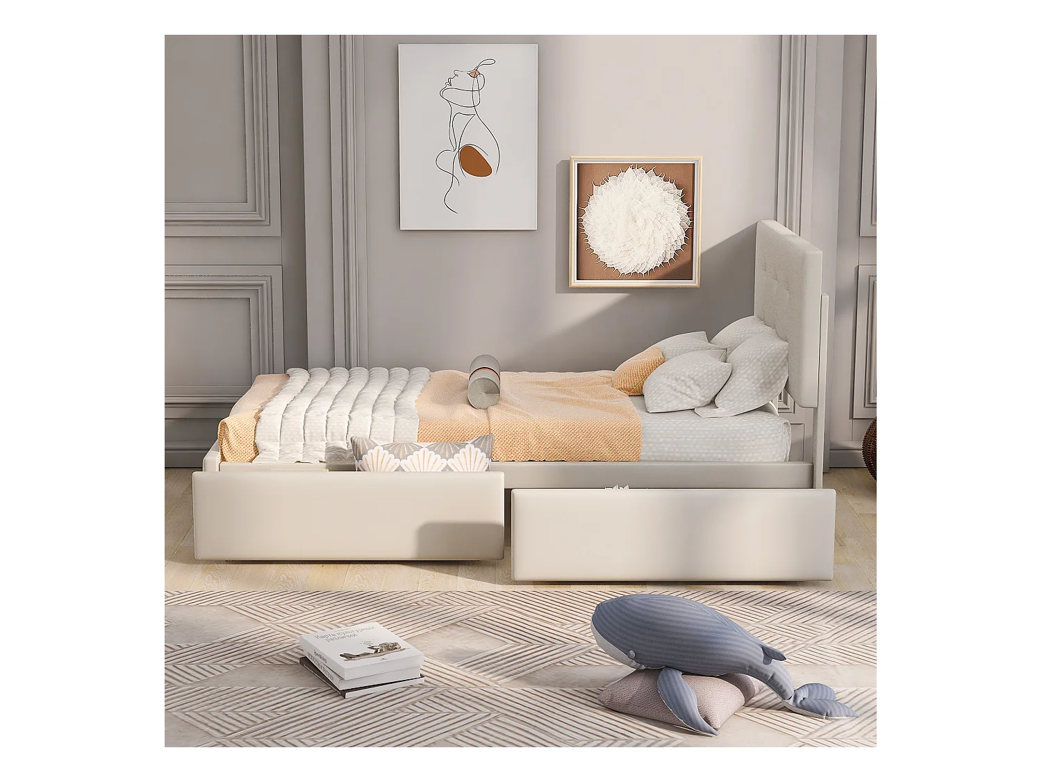 Łóżko dziecięce 90 x 200 cm - Łóżko młodzieżowe z 2 szufladami i oparciem - jasnobeżowy aksamit - bez materaca