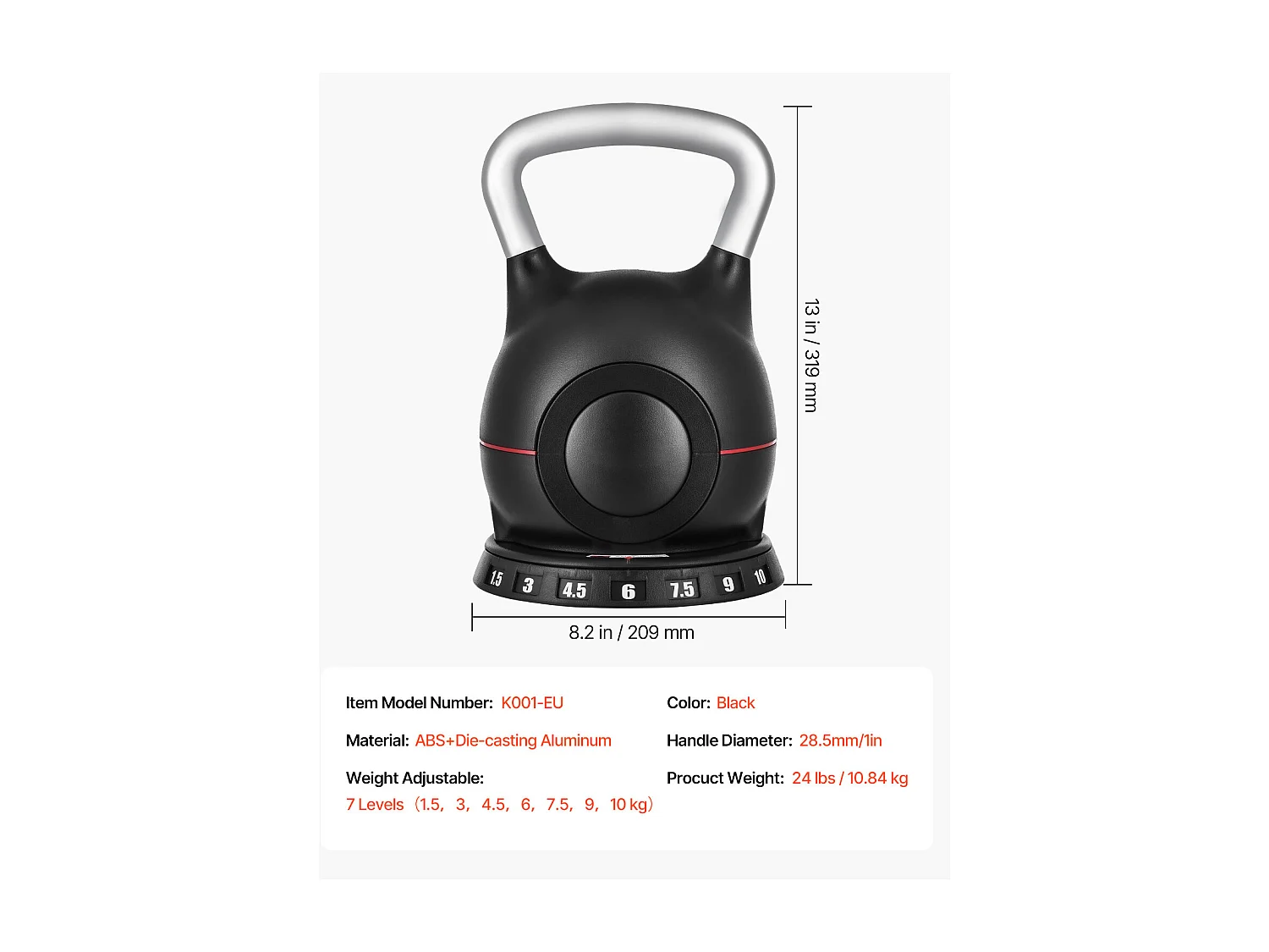 Verstelbare Kettlebell SucceBuy, met 7 Gewichtsniveaus, Fitnessgewicht met Handgreep van Gegoten Aluminium en ABS-Materiaal