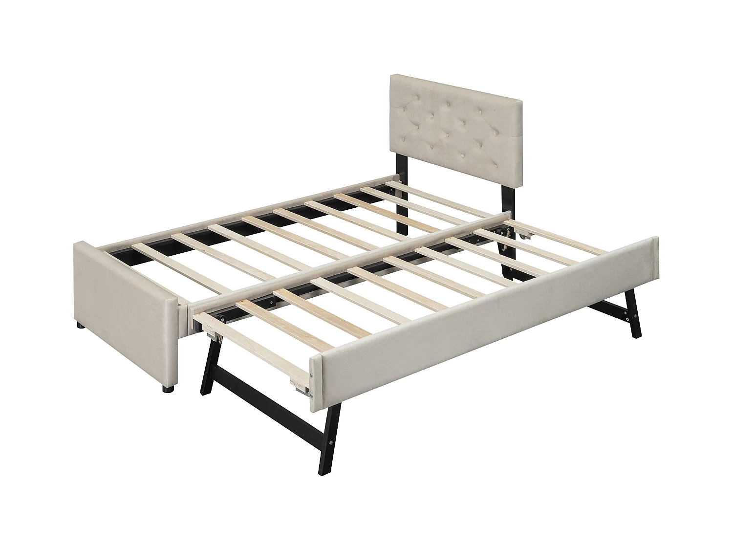 Lit gigogne 90 x 200 cm - Lit enfant avec lit gigogne et sommier à lattes - velours beige - sans matelas