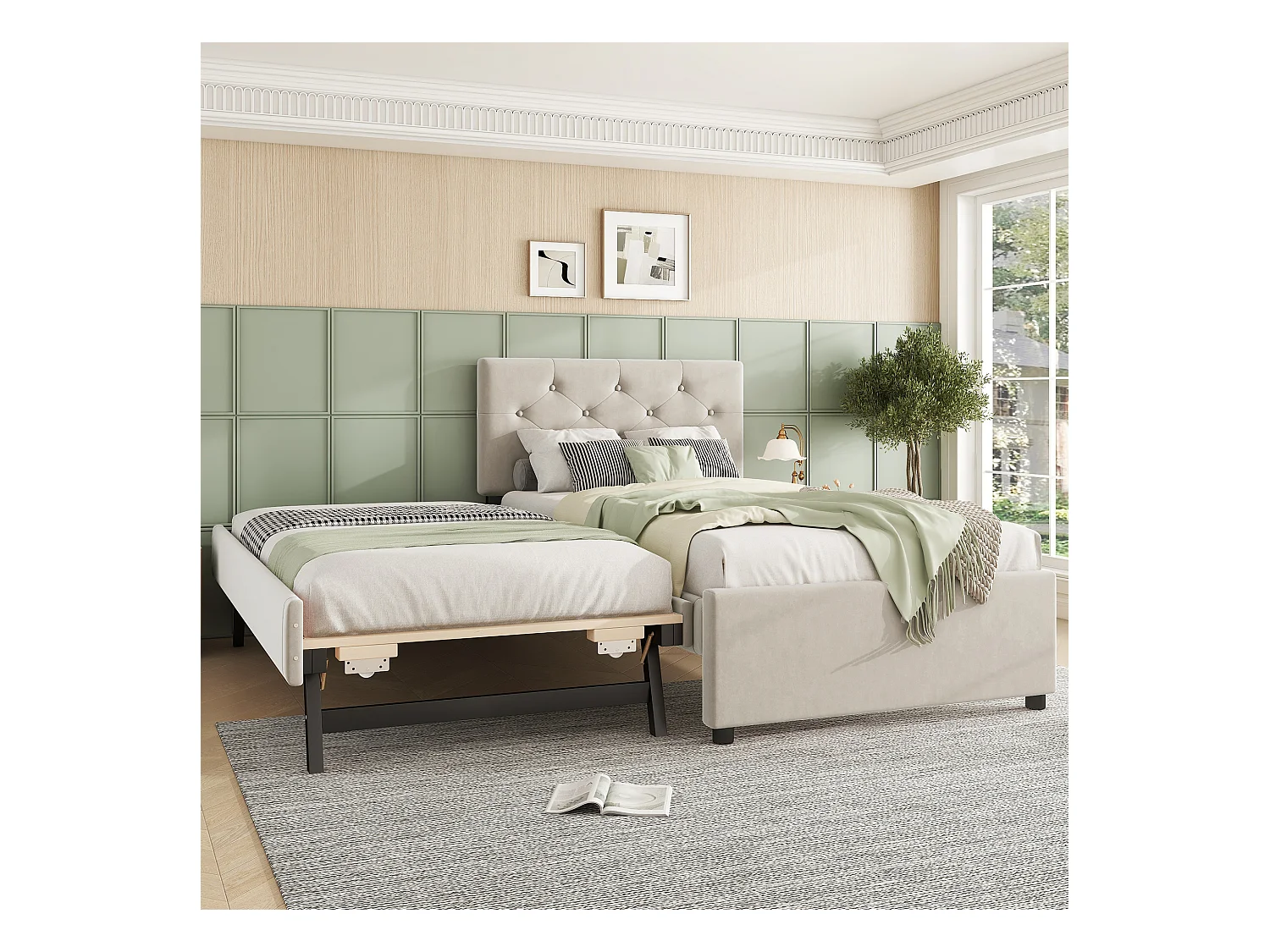 Lit gigogne 90 x 200 cm - Lit enfant avec lit gigogne et sommier à lattes - velours beige - sans matelas