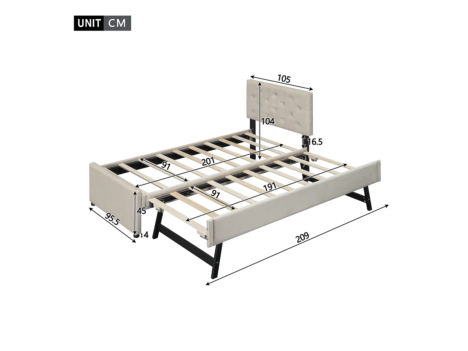Lit gigogne 90 x 200 cm - Lit enfant avec lit gigogne et sommier à lattes - velours beige - sans matelas