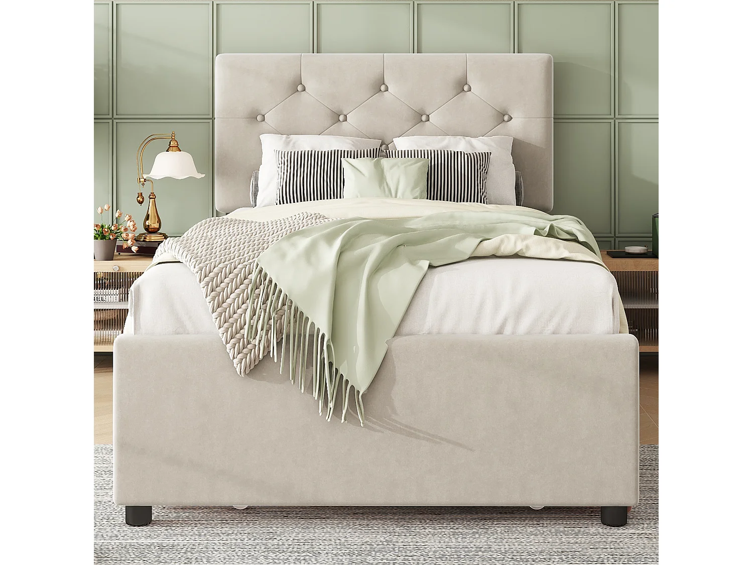 Lit gigogne 90 x 200 cm - Lit enfant avec lit gigogne et sommier à lattes - velours beige - sans matelas