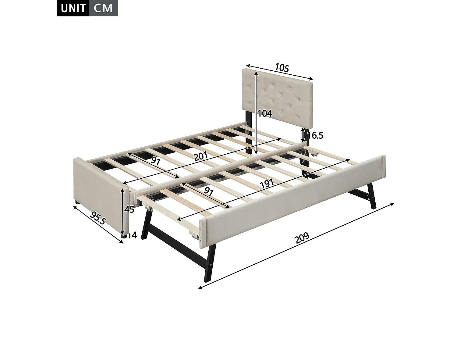 Lit gigogne 90 x 200 cm - Lit enfant avec lit gigogne et sommier à lattes - velours beige - sans matelas
