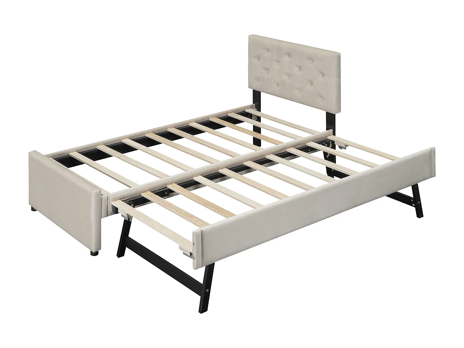 Lit gigogne 90 x 200 cm - Lit enfant avec lit gigogne et sommier à lattes - velours beige - sans matelas