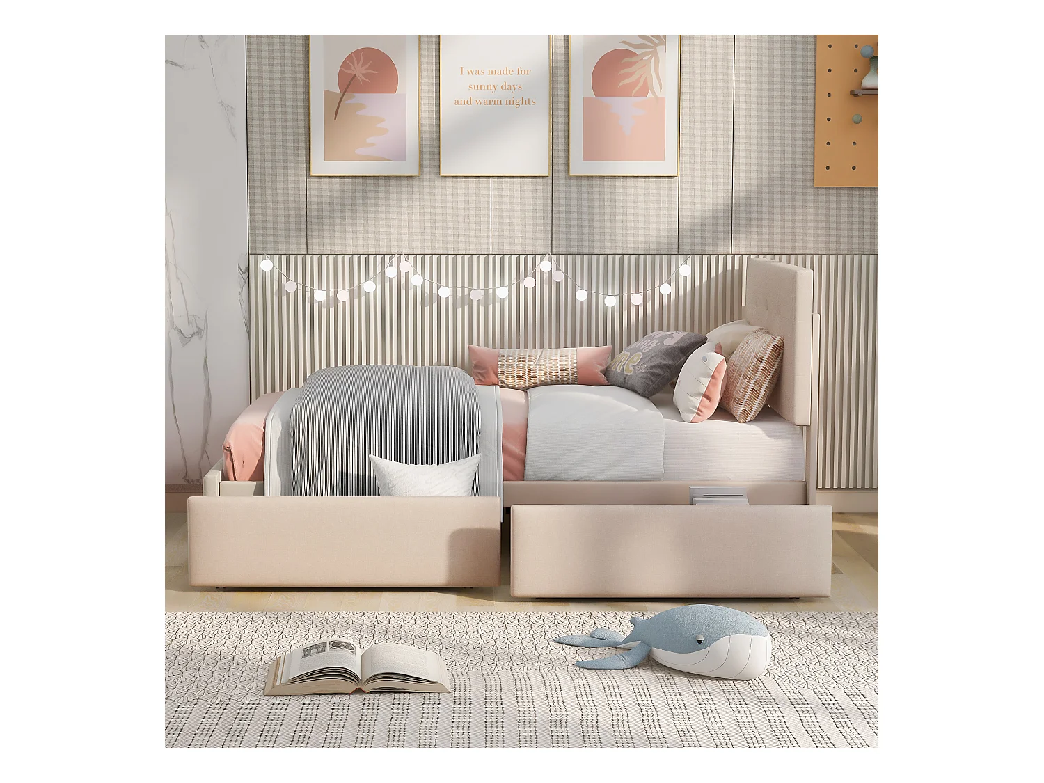Lit enfant 90 x 200 cm - Lit ado avec 2 tiroirs et dossier - velours beige foncé - sans matelas