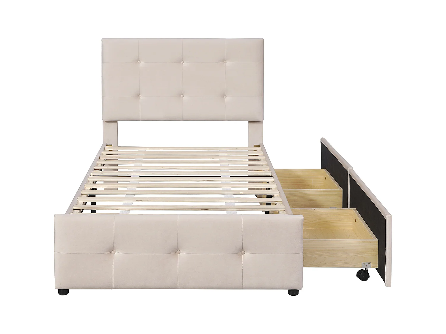 Lit enfant 90 x 200 cm - Lit ado avec 2 tiroirs et dossier - velours beige foncé - sans matelas