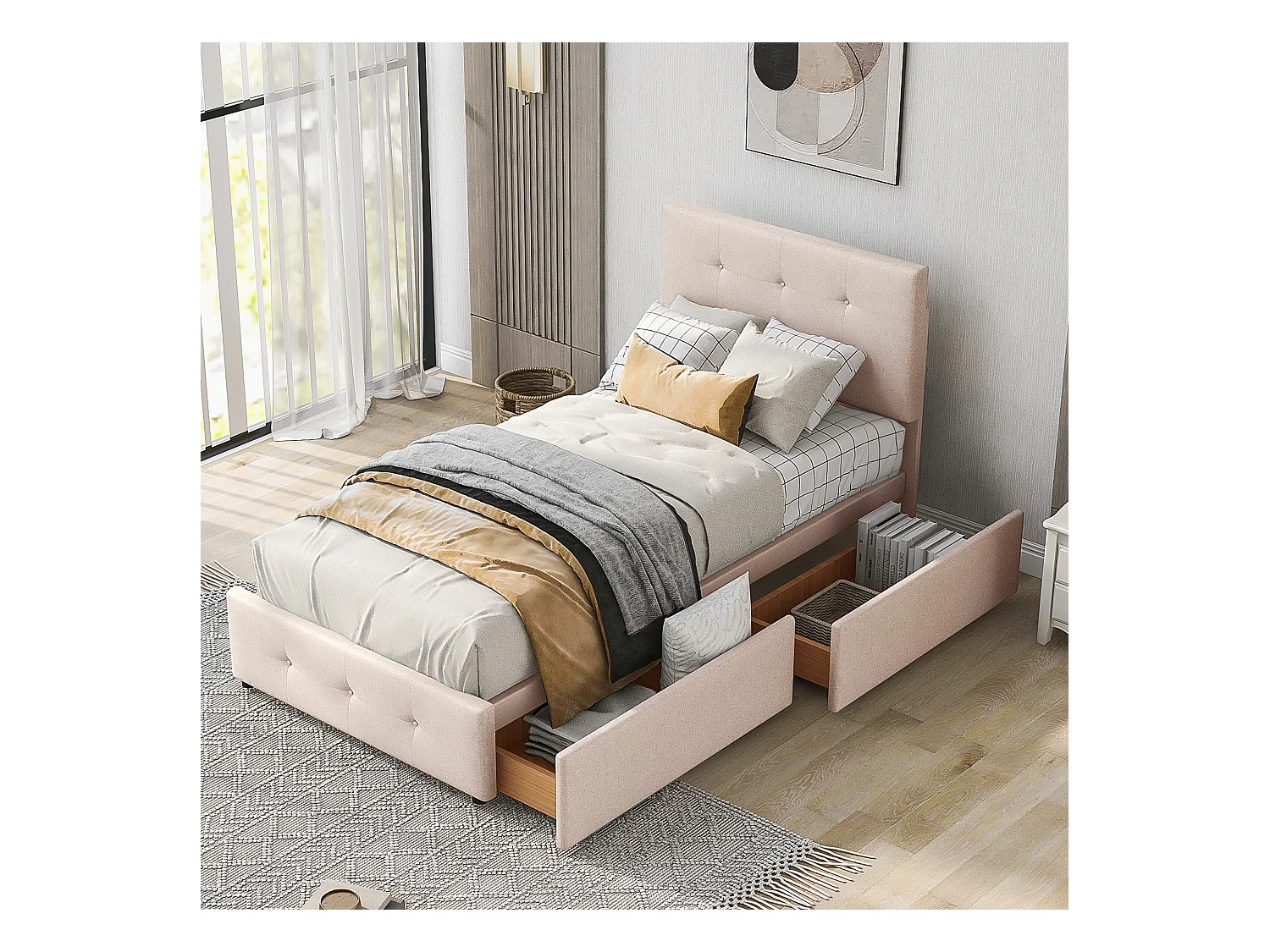 Lit enfant 90 x 200 cm - Lit ado avec 2 tiroirs et dossier - velours beige foncé - sans matelas