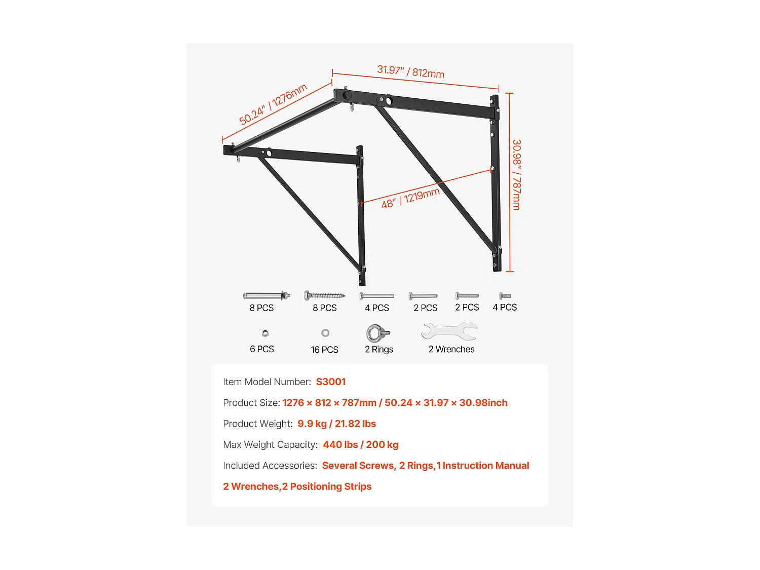 Barra per Trazioni SucceBuy, Barra Fitness da Parete, in Acciaio Robusto, Carico di 200 kg, Stazione di Allenamento per Trazioni, per Palestra Domestica