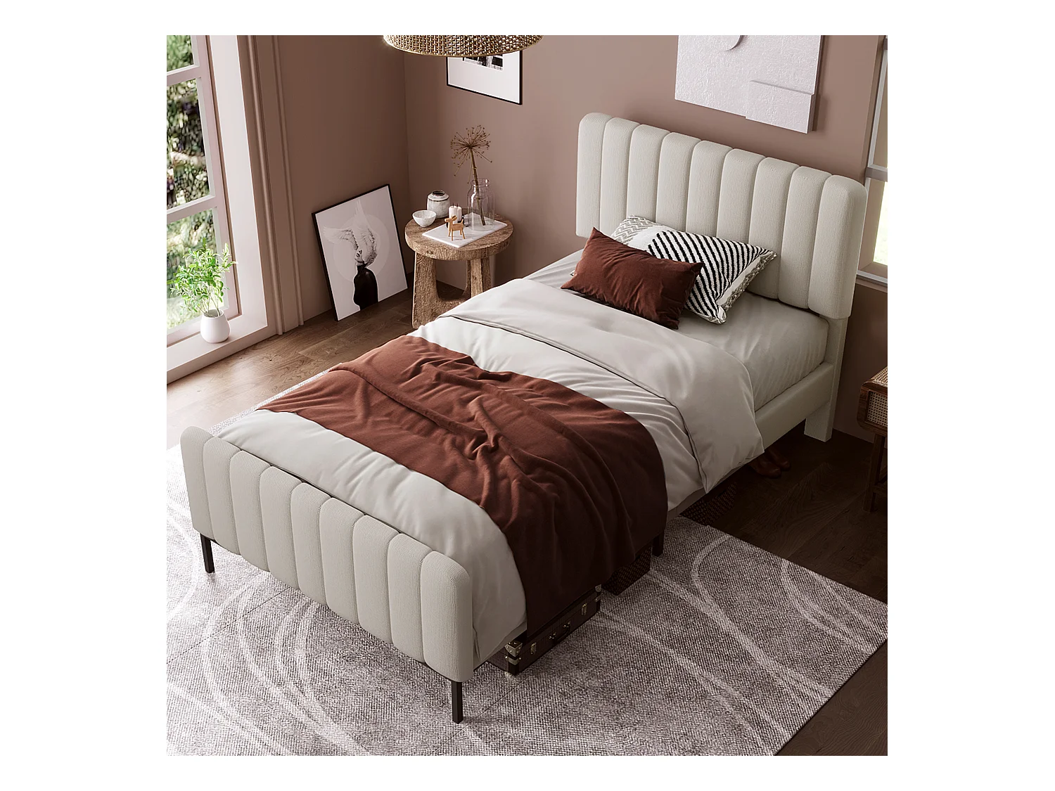 Lit enfant 90 x 200 cm - Lit ado avec tête et pied de lit réglables - lin gris beige - sans matelas
