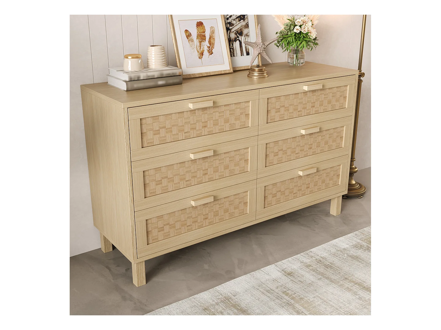 Commode bois - Commode à 6 tiroirs avec poignées - tiroirs en rotin - pour le salon