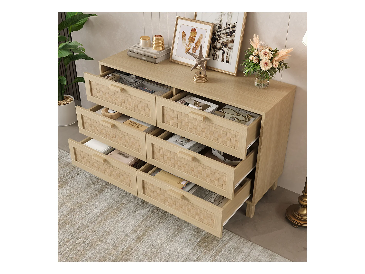 Commode bois - Commode à 6 tiroirs avec poignées - tiroirs en rotin - pour le salon