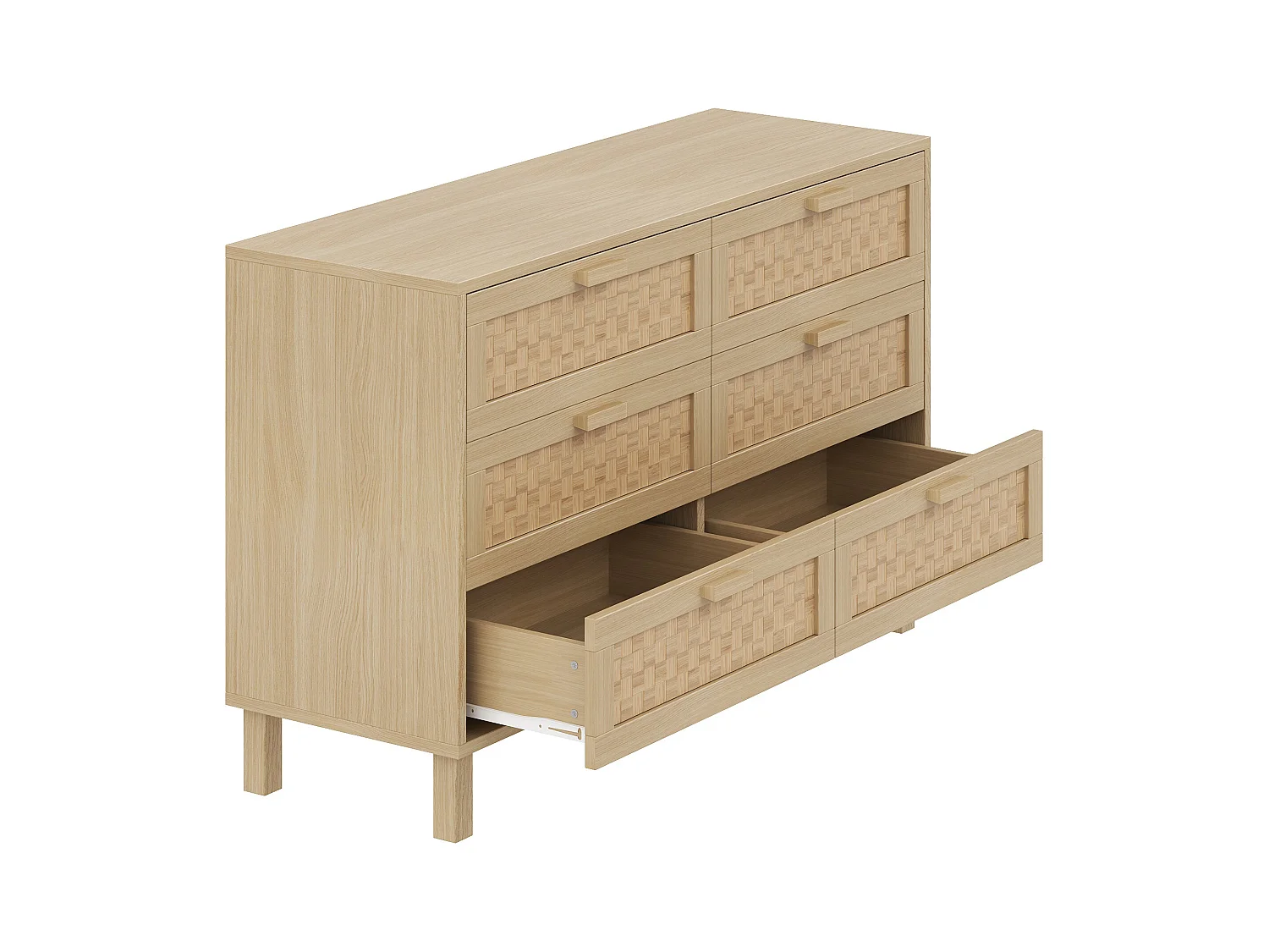 Commode bois - Commode à 6 tiroirs avec poignées - tiroirs en rotin - pour le salon