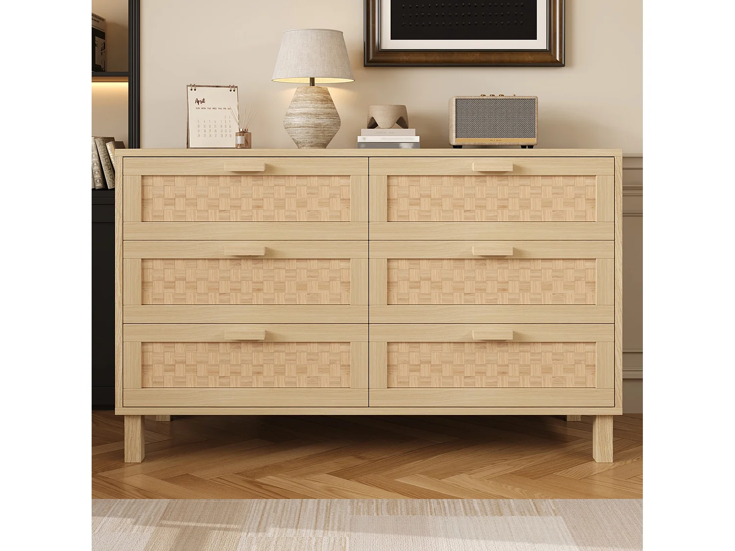 Commode bois - Commode à 6 tiroirs avec poignées - tiroirs en rotin - pour le salon