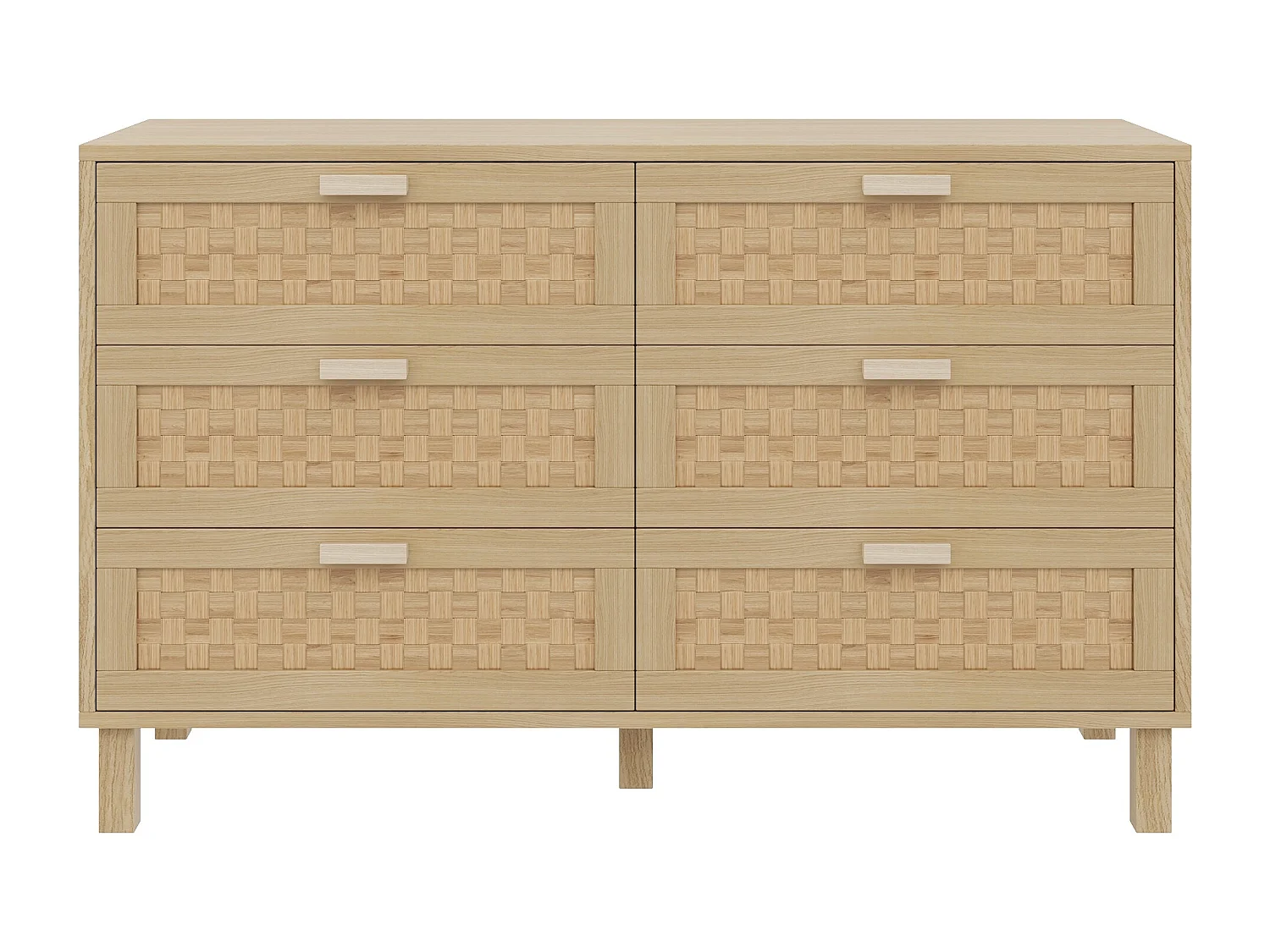 Commode bois - Commode à 6 tiroirs avec poignées - tiroirs en rotin - pour le salon