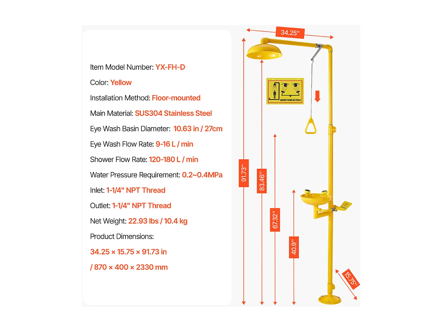 Station de Lavage SucceBuy Oculaire avec Douche, 87 x 40 x 233 cm, Dispositif de Premiers Secours en Acier Inoxydable 304, Adapté aux Écoles, Jaune