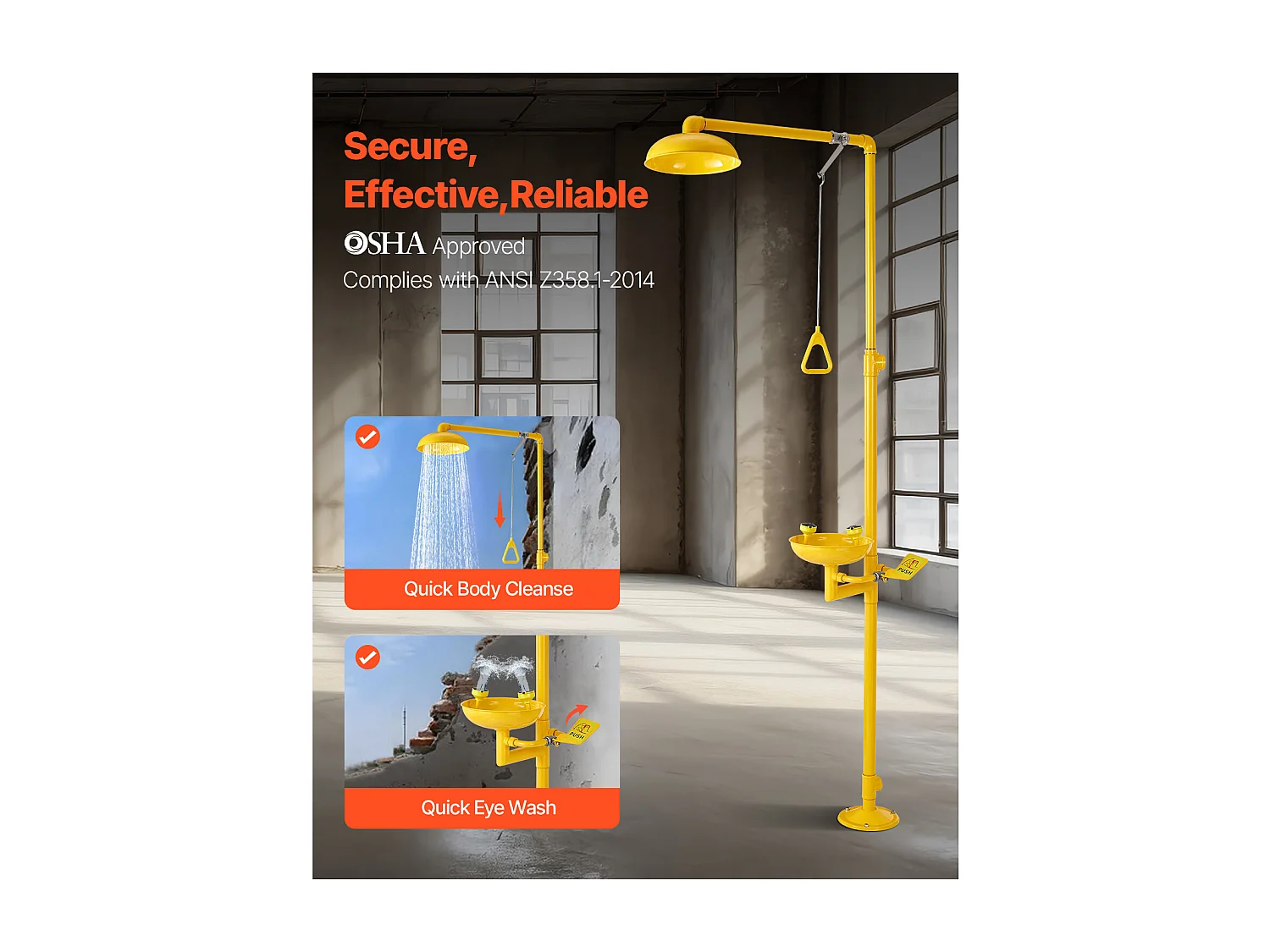 Station de Lavage SucceBuy Oculaire avec Douche, 87 x 40 x 233 cm, Dispositif de Premiers Secours en Acier Inoxydable 304, Adapté aux Écoles, Jaune