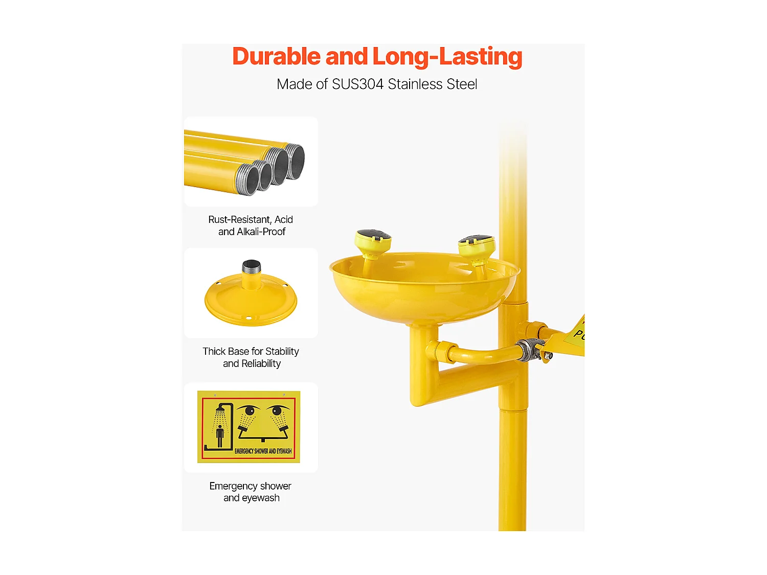 Station de Lavage SucceBuy Oculaire avec Douche, 87 x 40 x 233 cm, Dispositif de Premiers Secours en Acier Inoxydable 304, Adapté aux Écoles, Jaune