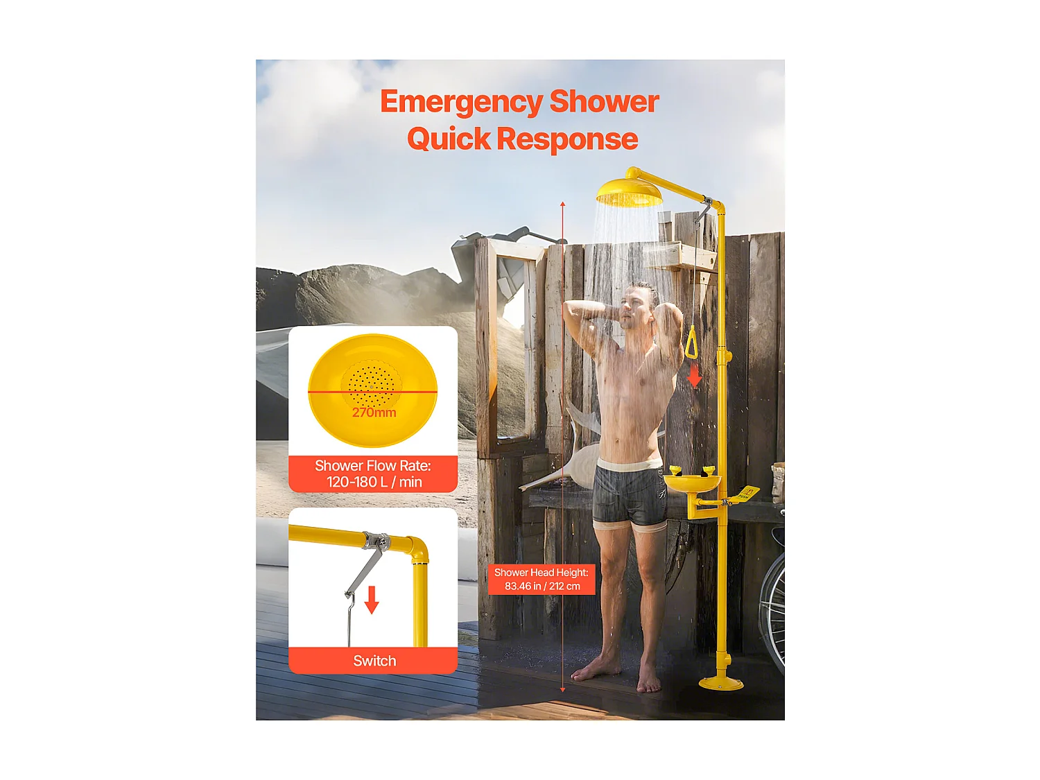 Station de Lavage SucceBuy Oculaire avec Douche, 87 x 40 x 233 cm, Dispositif de Premiers Secours en Acier Inoxydable 304, Adapté aux Écoles, Jaune