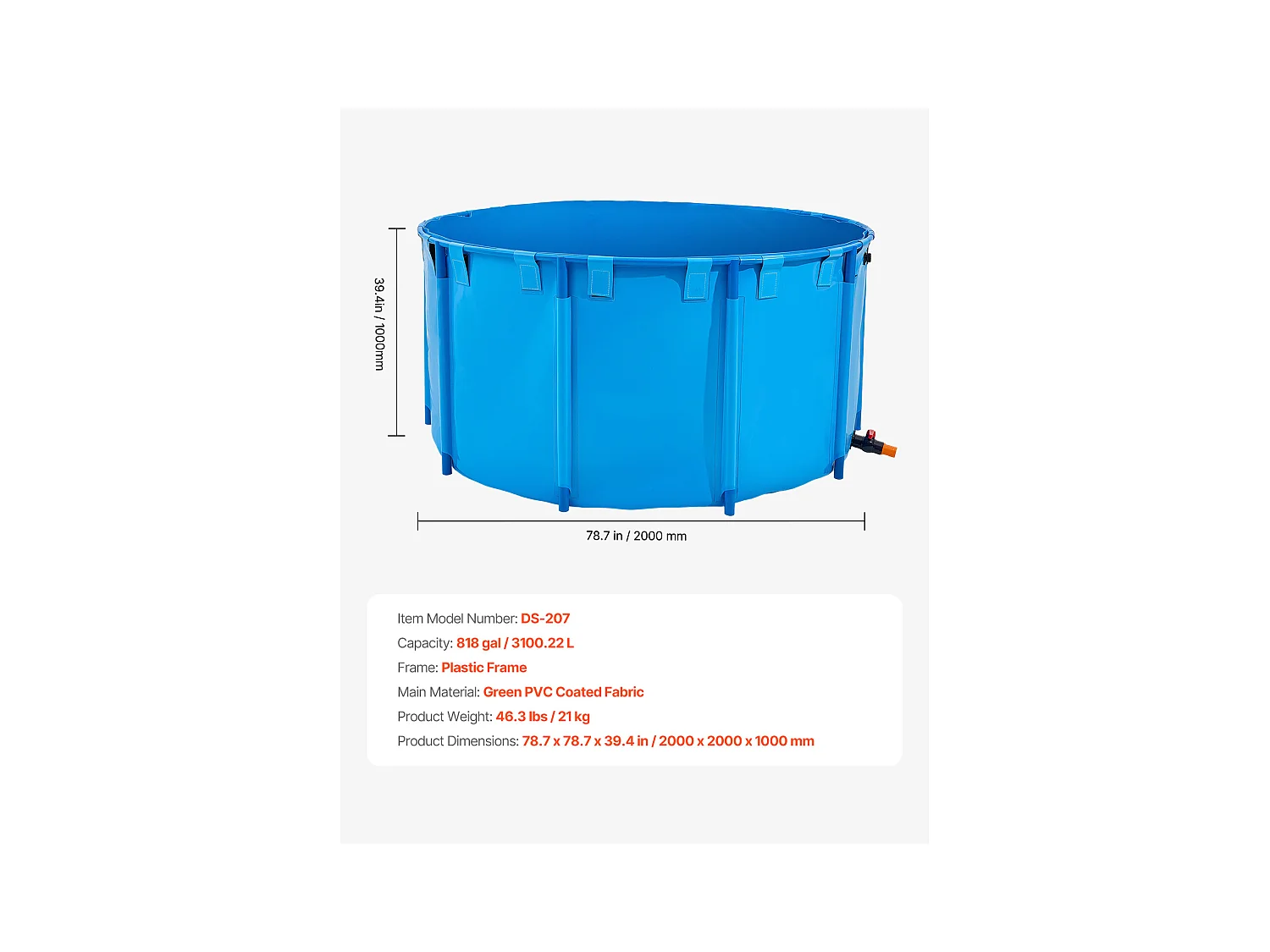 Bassin à Poissons SucceBuy en Toile, Bassin Hors Sol de 3100L, Aquarium Pliable en PVC pour Koïs, Aquarium Rond pour Poissons Rouges avec Cadre Robuste