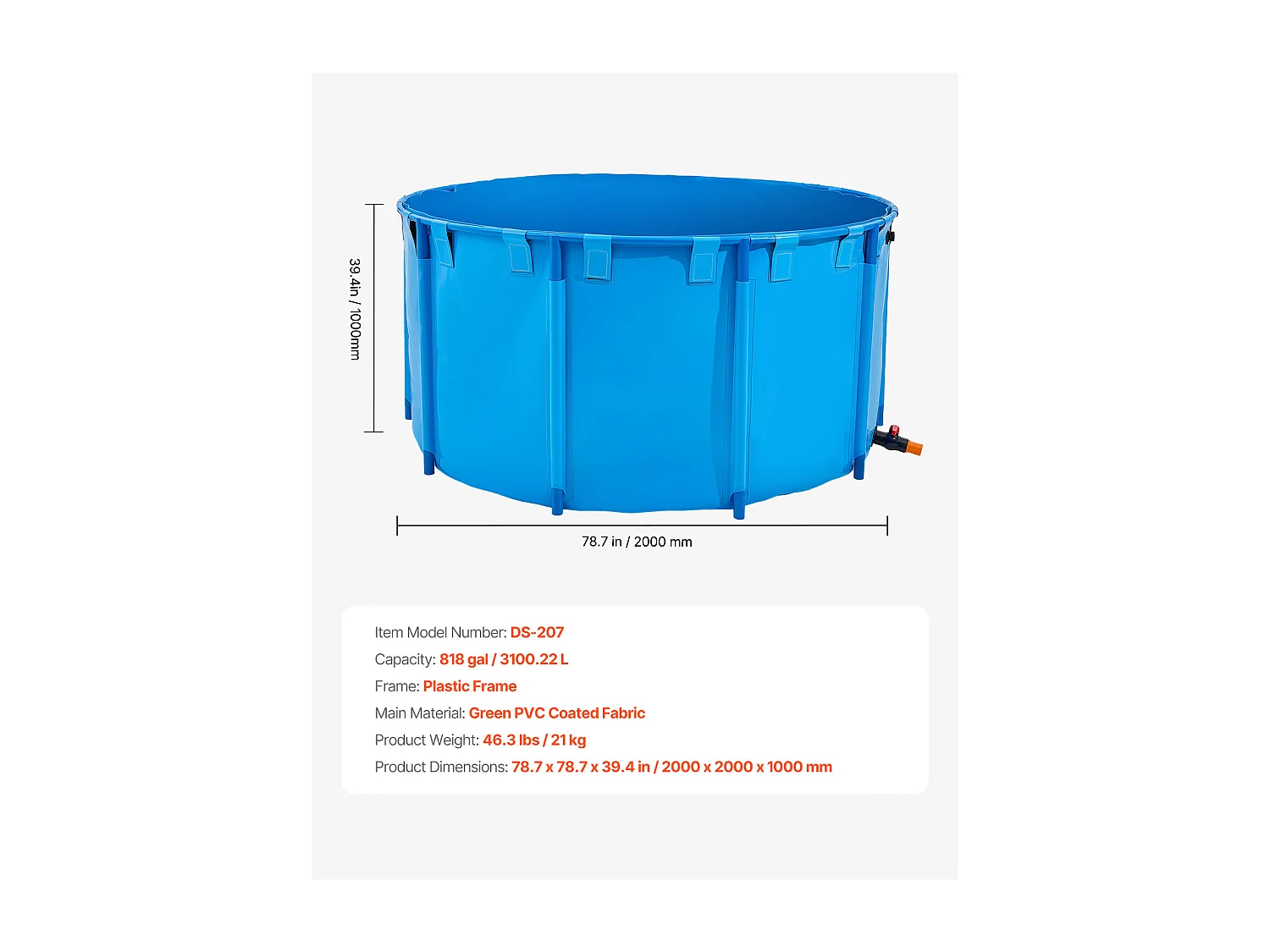 Tanque para Peixes SucceBuy em Lona, Tanque Elevado de 3100L, Aquário Dobrável em PVC para Koi, Aquário Redondo para Peixes Dourados com Moldura Resistente