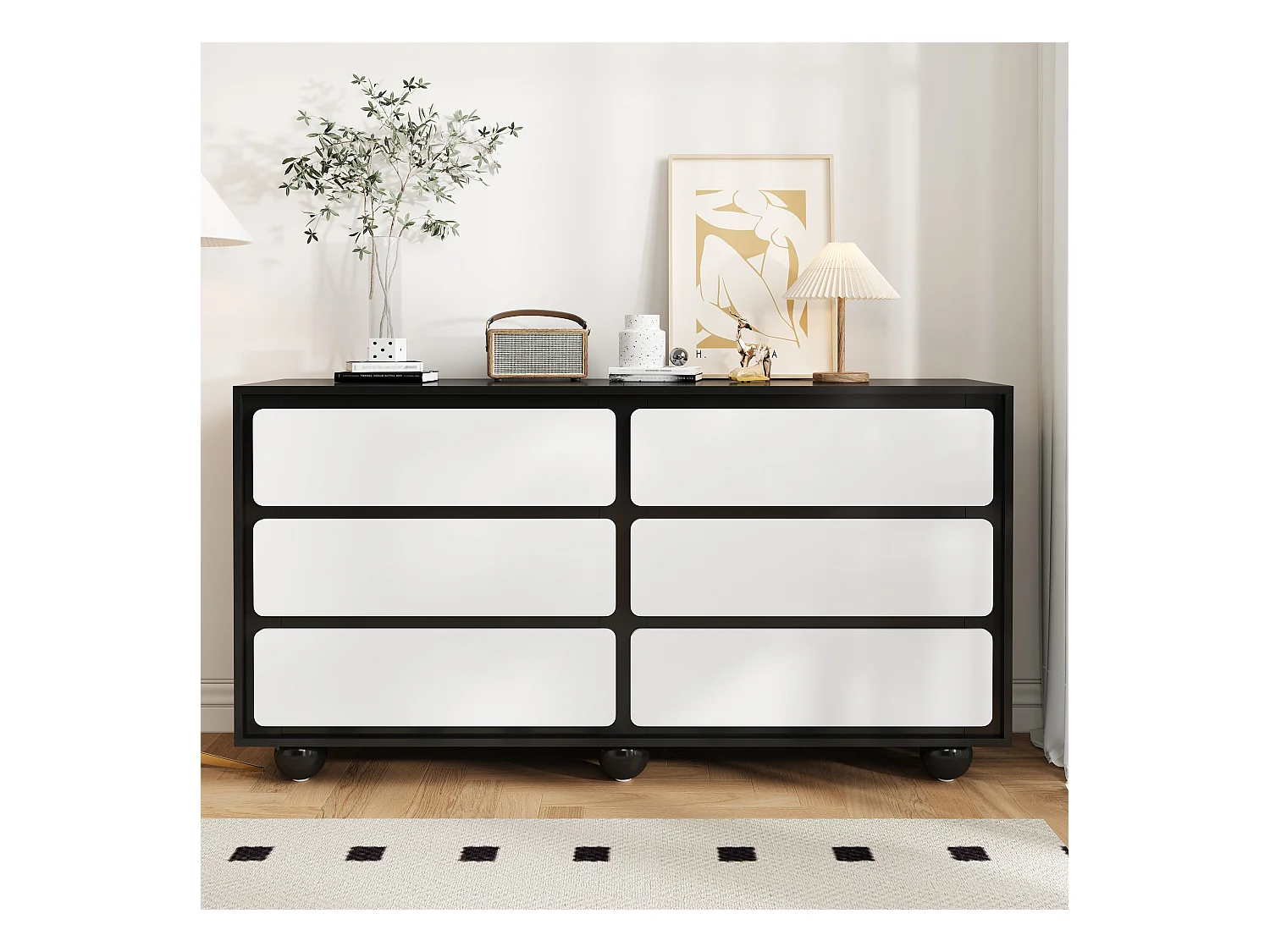 Commode moderne - Commode à 6 tiroirs avec pieds ronds en métal - blanc et noir