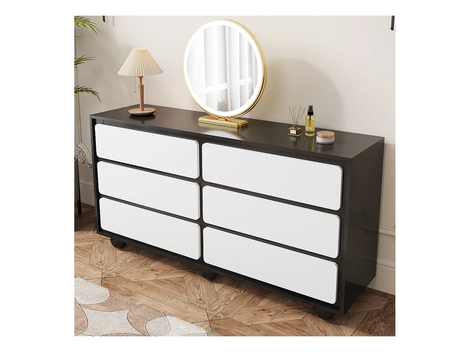 Commode moderne - Commode à 6 tiroirs avec pieds ronds en métal - blanc et noir