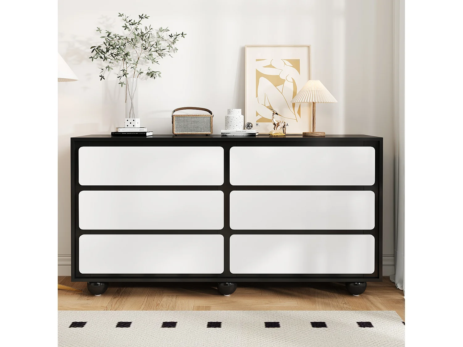 Commode moderne - Commode à 6 tiroirs avec pieds ronds en métal - blanc et noir