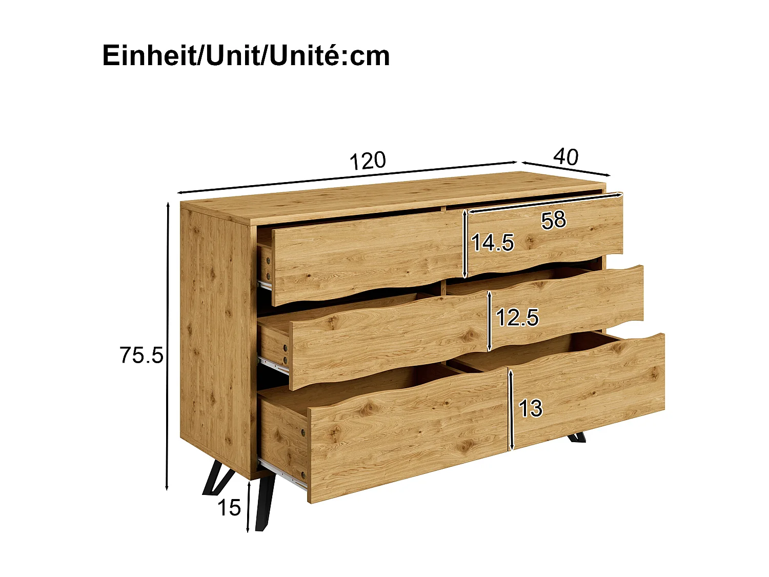 Commode à 6 tiroirs - Commode à 5 pieds en métal - pour le salon et la salle à manger