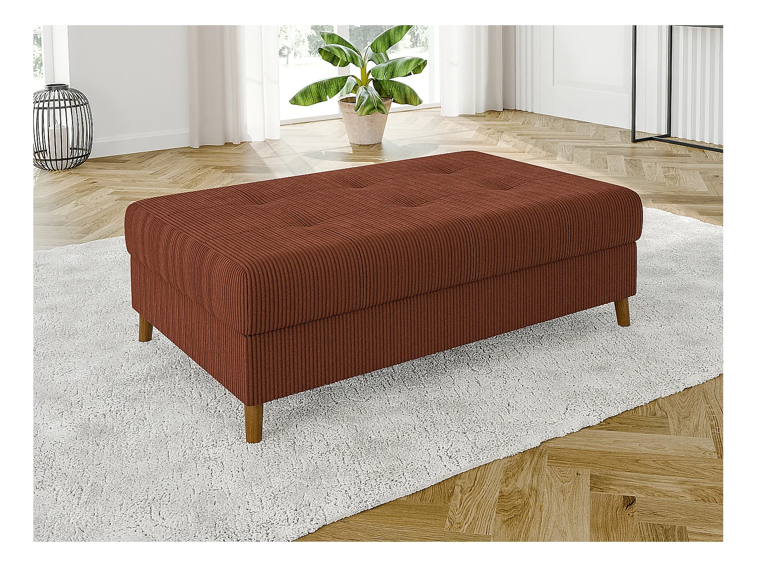 Jasper - Hocker mit Braun Holzfüßen im skandinavischen Stil aus Terracotta Cord-Stoff