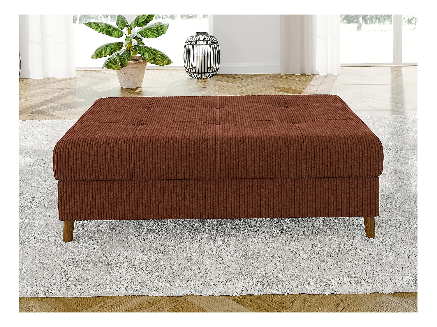 Jasper - Hocker mit Braun Holzfüßen im skandinavischen Stil aus Terracotta Cord-Stoff